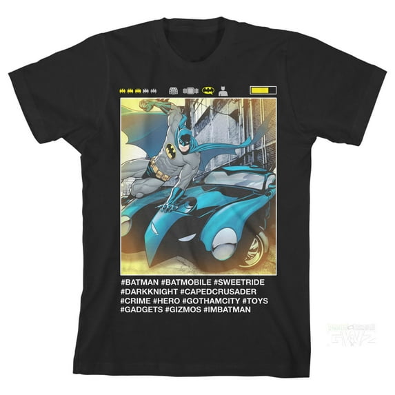 Batman Batmobile Social Media Pose Boy's Black T-shirt-XL