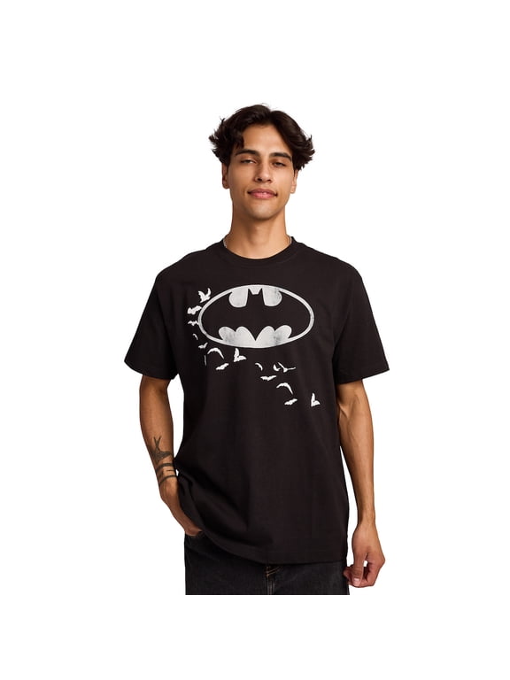 Batman Bats Logo & Portrait Men's Black Oversized Heavyweight Crew Neck Short Sleeve T-shirt-Medium