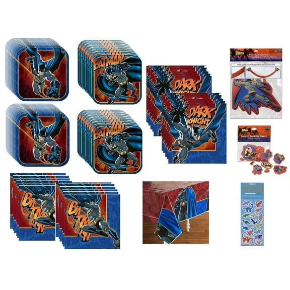 Batman Birthday Party Bundle includes 16 Dessert Plates, 16 Lunch Plates, 16 Napkins 5", 16 Napkins 6.5", 1 Plastic Table Cover, 1 Honeycomb Decoration, 1 Conftti Bag, 1 Dinosaur Sticker Sheet