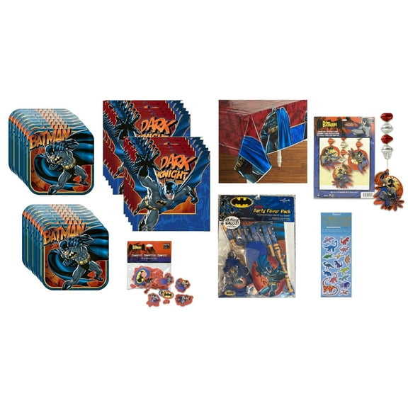 Batman Birthday Party Bundle includes 16 Lunch Plates, 16 Lunch Napkins, 1 Plastic Table Cover, 3 Hanging Decorations, 48 Piece Party Favor Pack includes 8 Loot Bags, 1 Dinosaur Sticker Sheet
