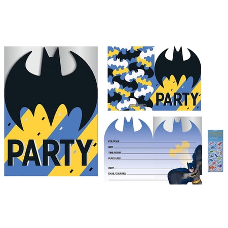 Batman Birthday Party Supplies Bundle Pack includes 16 Party Invitations with Envelopes and 1 Dinosaur Sticker Sheet