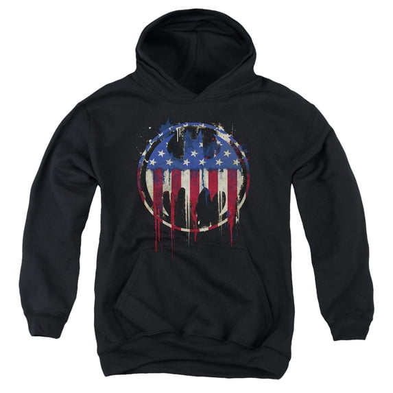 Batman Bleeding Bat Signal Over US Flag Big Boys Youth Pull-Over Hoodie