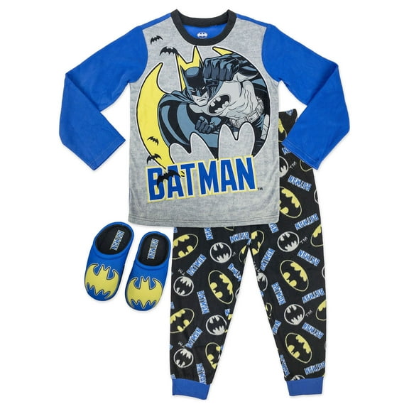 Batman Boys Classic Long Sleeve Top and Pants 2-Piece Pajama Sleep Set with Slippers, Sizes 4-12