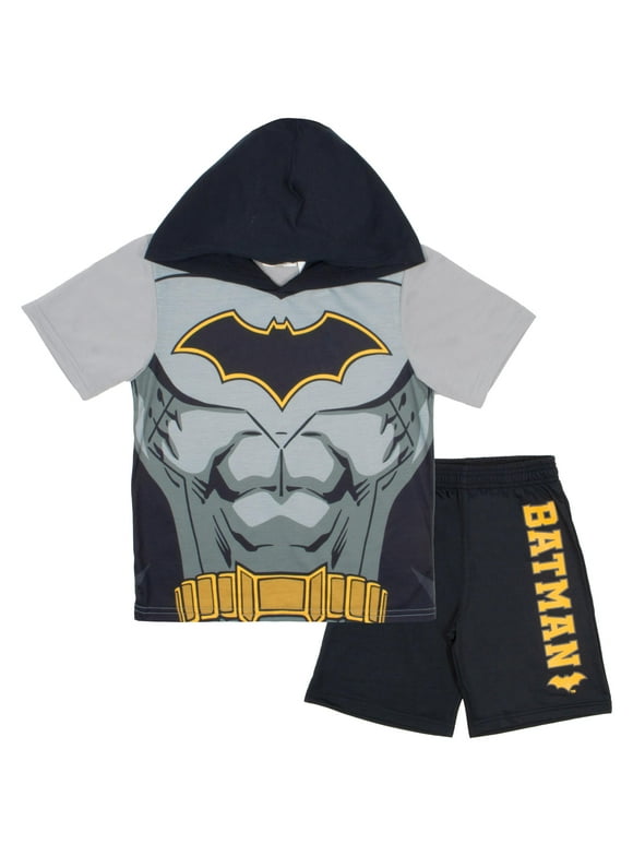 Batman Boys Costume Hooded Top & Shorts, 2-Piece Cosplay Outfit Set for Kids and Toddlers (Size 4-7)