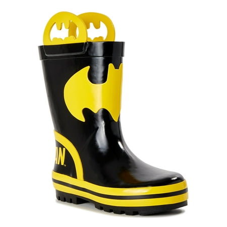 Batman Boys' Waterproof Rain Boot, Mid-calf with Pull Handles Black/Yellow
