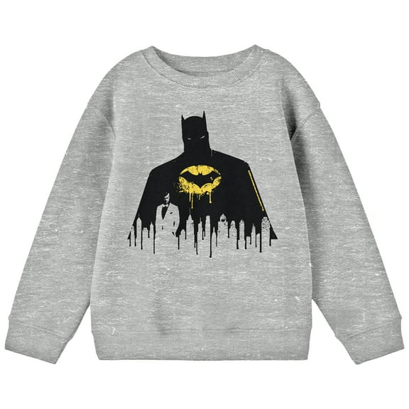 Batman Bruce Wayne Silhouette Youth Heather Gray Crew Neck Sweatshirt-Large
