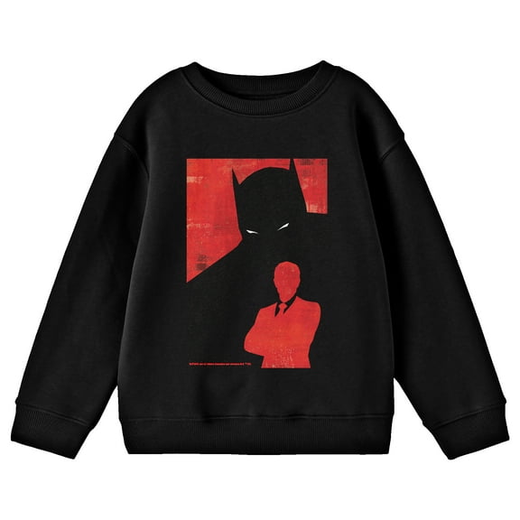 Batman Bruce Wayne Silhouette on a Red Background Youth Black Crew Neck Sweatshirt-Medium
