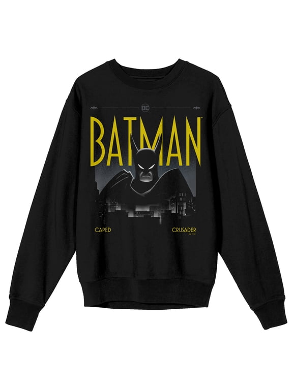 Batman Caped Crusader City Overview Adult Black Crew Neck Long Sleeve Sweatshirt-Large