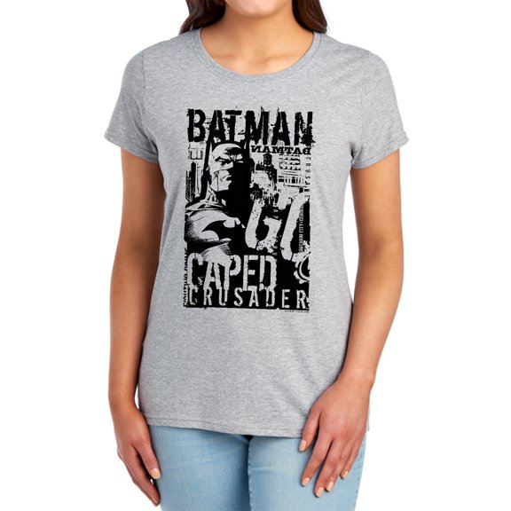 Batman Caped Crusader Women's T Shirt, Athletic Heather, Medium