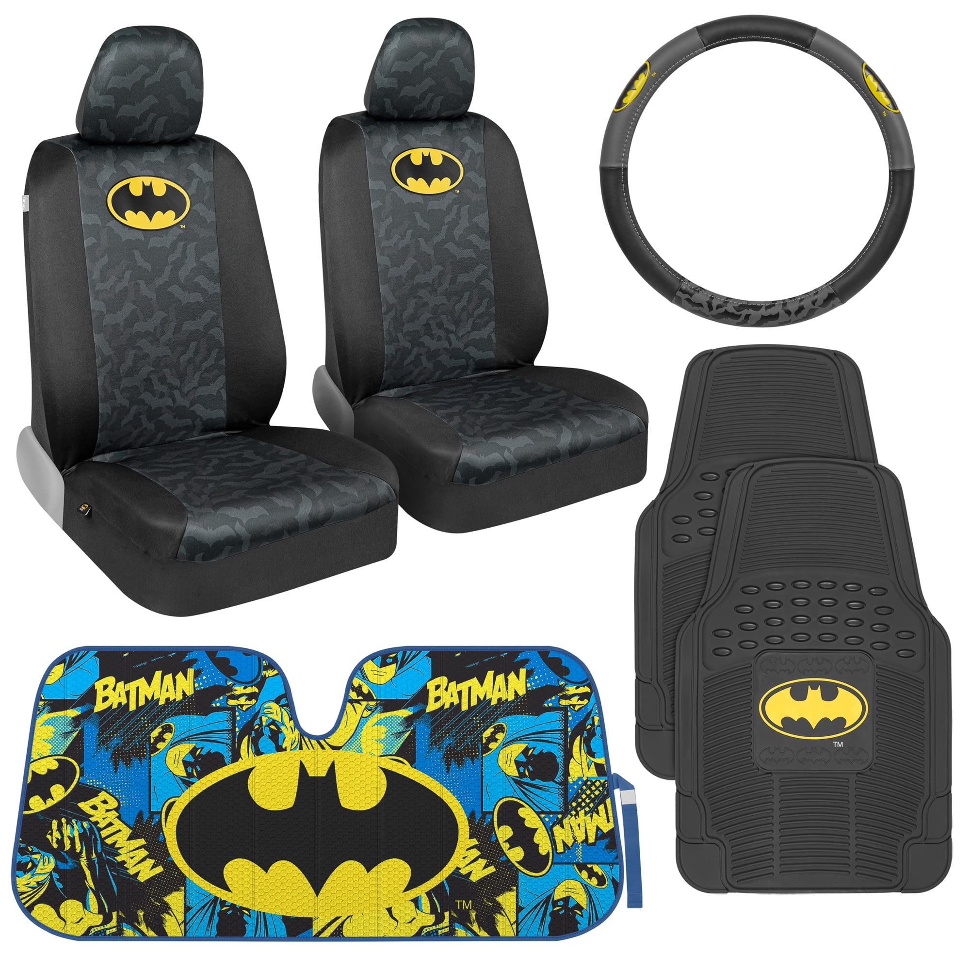 Batman Car Seat Covers Holiday Gift Bundle Set – Officially Licensed Front Seat Covers with Matching Belt Pads, Steering Wheel Cover, Car Floor Mats and Windshield Sunshade for Auto Truck Van and SUV