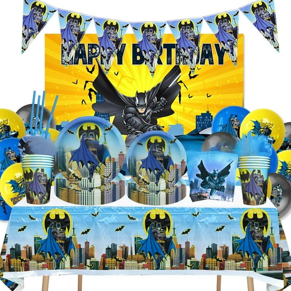 Batman Cartoon Theme Birthday Party Supplies Decorations Including Birthday Banner, Backdrop, Tablecloth, Balloons, Plates, Forks, Knives, Spoons for kids Party
