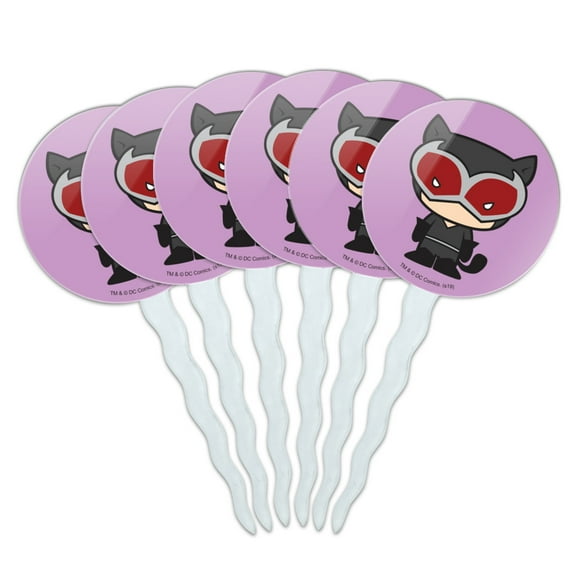 Batman Catwoman Cute Chibi Character Cupcake Picks Toppers Decoration Set of 6