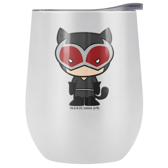 Batman - Catwoman Official Catwoman Cute Chibi Character 12 OZ Stemless Wine Tumbler, Stainless Steel Travel Cup|Lake Tumbler|Insulated with Leak Resistant Slide-Lock Lid, White