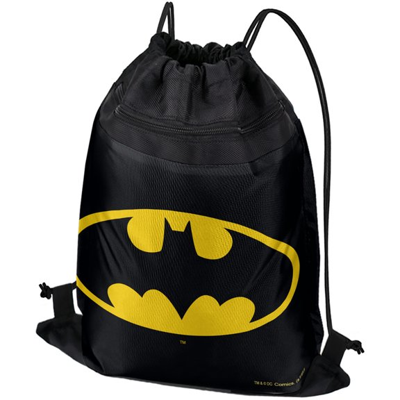 Batman Classic Bat Shield Logo Drawstring Backpack Sports Bag Sackpack 17" x 13", Perfect for Gym, Yoga or Practice