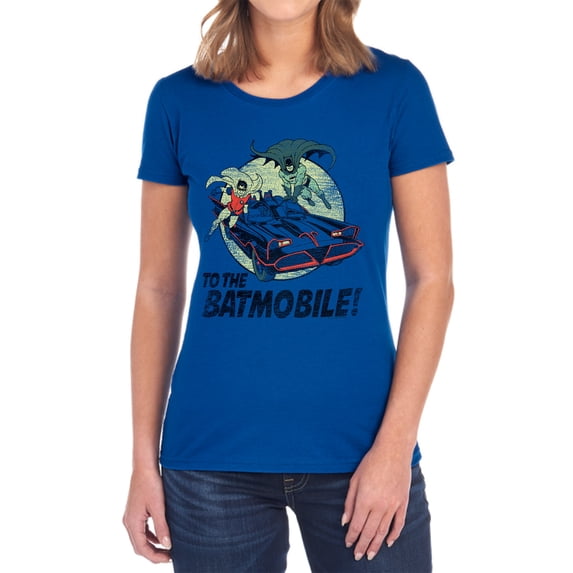 Batman Classic Tv to The Batmobile Women's T Shirt, Royal, 2X-Large