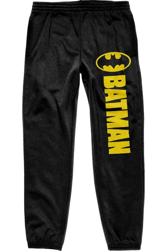 Batman Classic Yellow Bat Logo and Title Men's Black Drawstring Sweatpants-XXL