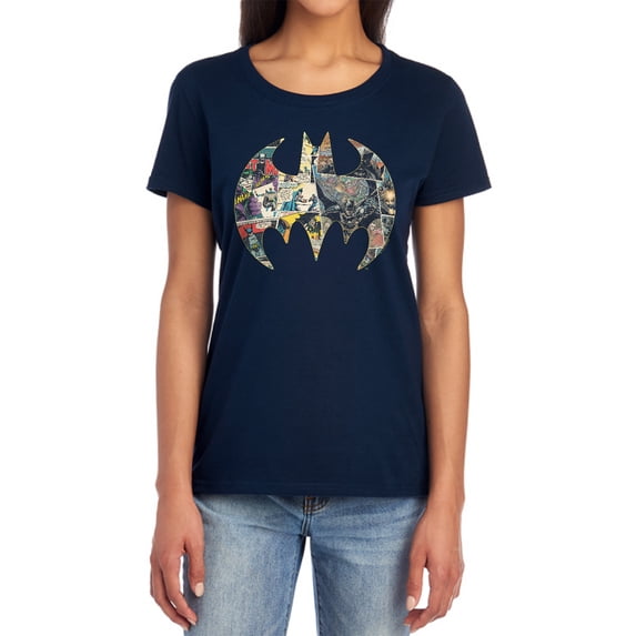 Batman Collage Shield Women's T Shirt, Navy, Medium