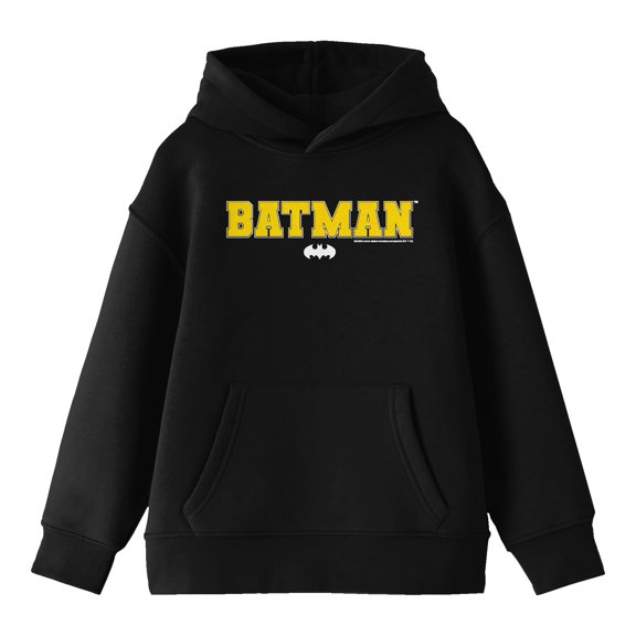 Batman Collegiate Text Long Sleeve Youth Black Hooded Sweatshirt-Small