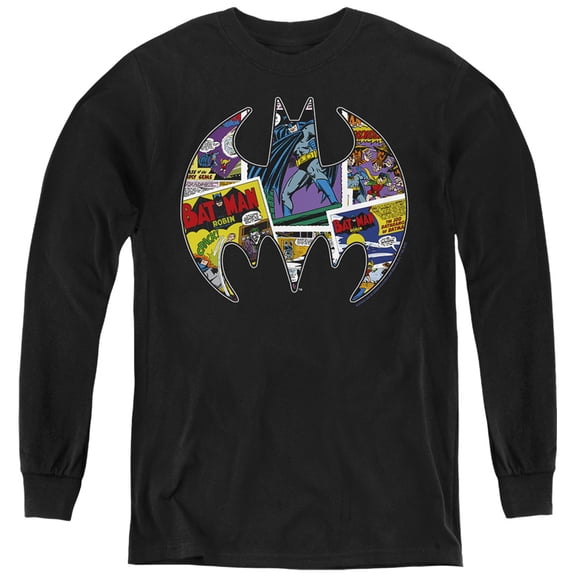 Batman Comic Bat Kids Long Sleeve T Shirt (X-Large) for Youth Boys and Girls, Black