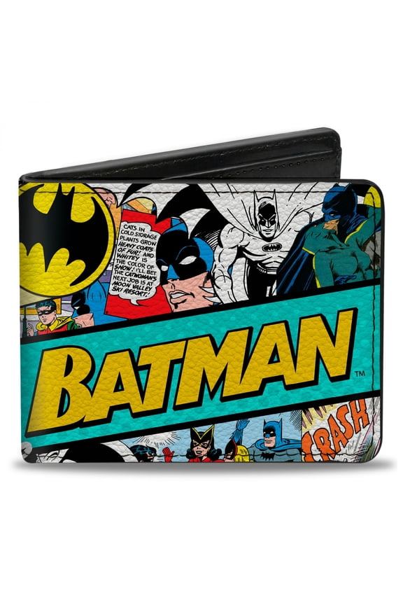DC Comics Wallet, Bifold, Batman 75 Classic Comic Book Panels Collage Multi Color, Vegan Leather