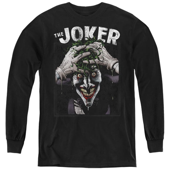 Batman Crazed Joker Kids Long Sleeve T Shirt (Small) for Youth Boys and Girls, Black