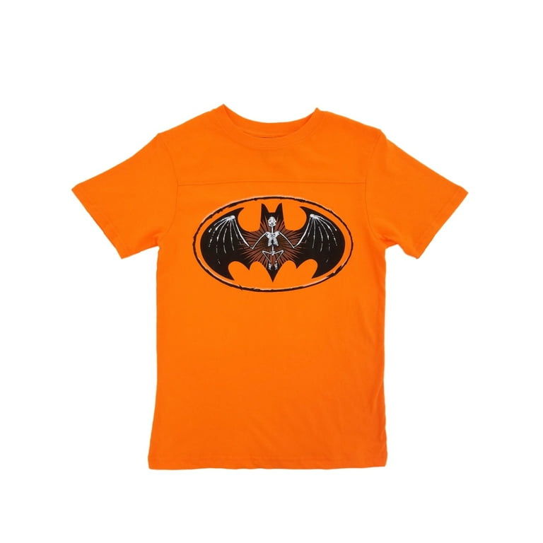 Batman DC Halloween Bat Orange T-Shirt Boys Skeleton Symbol Comics S