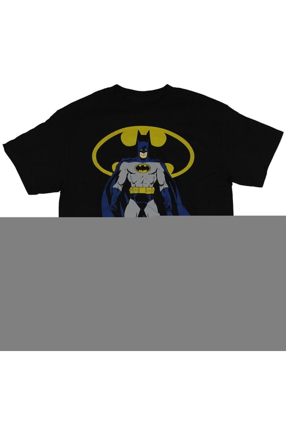Batman (DC Comics) Mens T-Shirt - Standing Classic Comic Batman Over Name Logo (Small)