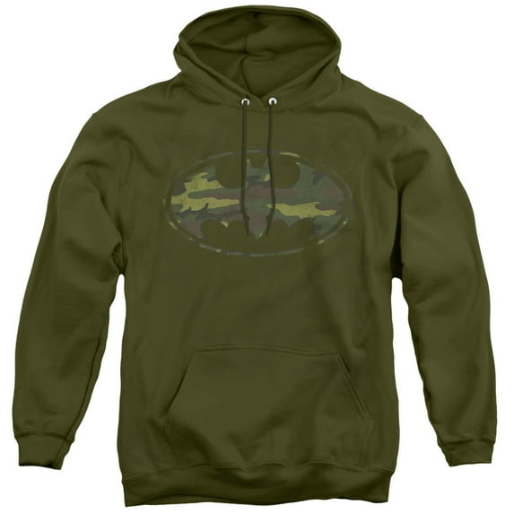 Batman Distressed Camo Shield Adult Pullover Hoodie Sweatshirt Military Green