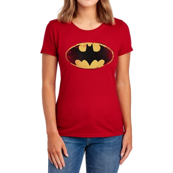 Batman Distressed Shield Women's T Shirt, Red, Small