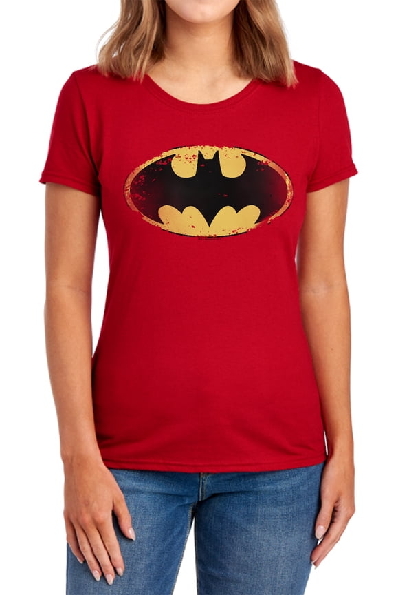 Batman Distressed Shield Women's T Shirt, Red, Small