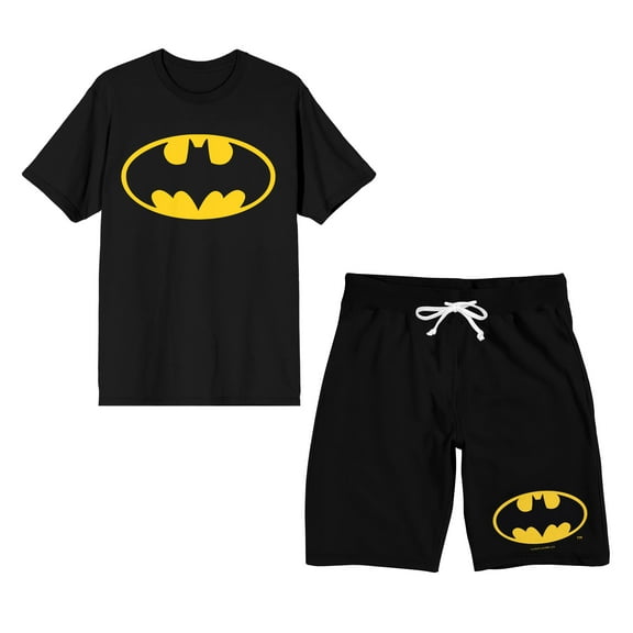 Batman Emblem Classic Bat Logo 2-Pack Men's Black T-Shirt Drawstring Shorts Set-Medium