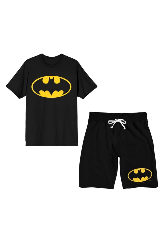 Batman Emblem Classic Bat Logo 2-Pack Men's Black T-Shirt Drawstring Shorts Set-Medium