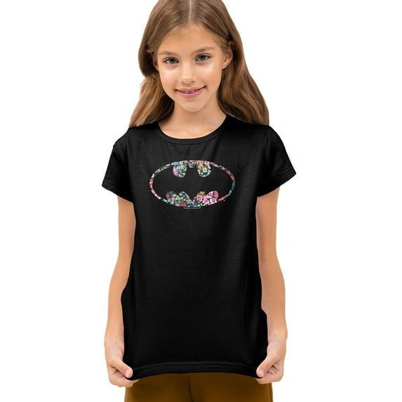 Batman Floral Logo Kids T Shirt (X-Large) for Youth Toddler Boys and Girls, Black