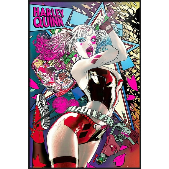 Batman - Framed DC Comics Poster (Harley Quinn With Baseball Bat / Neon) (Size: 25" X 37") (Black Aluminum Frame)