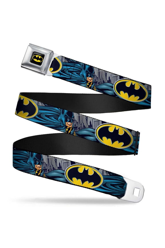 Full Color Black Yellow Batman Bold Power Pose Logo Skyline Grays Seatbelt Belt Standard