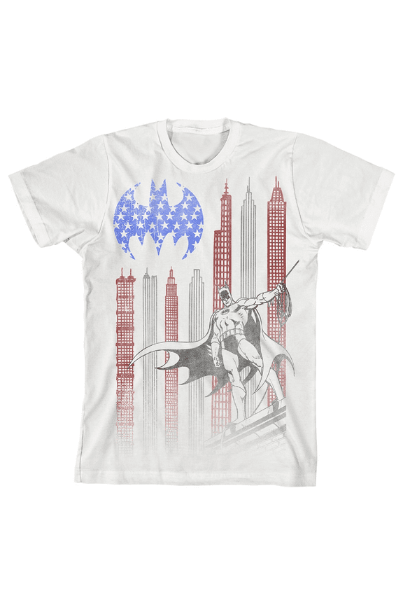 Batman Gotham City American Flag Skyscape Boy's White T-shirt-XS