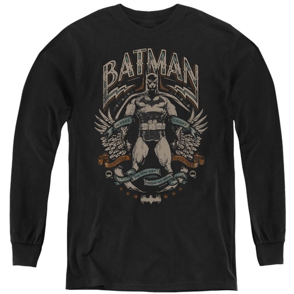 Batman Gotham Hero On Black Kids Long Sleeve T Shirt (Small) for Youth Boys and Girls, Black