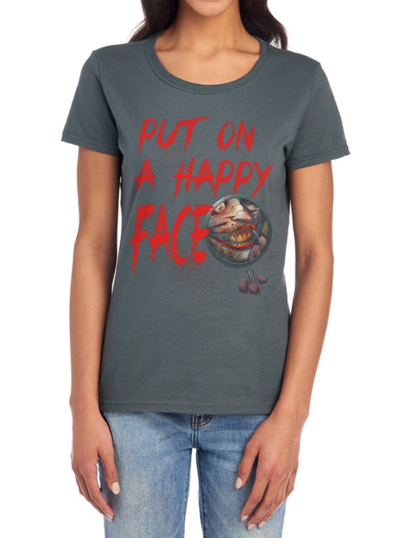 Happy Face Women's T Shirt, Charcoal, X-Large