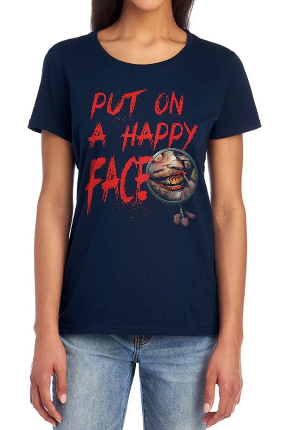 Happy Face Women's T Shirt, Navy, Large