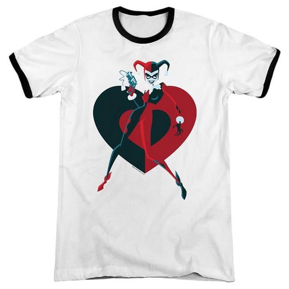 Batman & Harely Heart - Adult Ringer Short Sleeve T-Shirt, White & Black - 2X