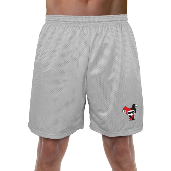 Batman Harley Quinn Cute Chibi Character Mens Lined Mesh Shorts, Silver, Small