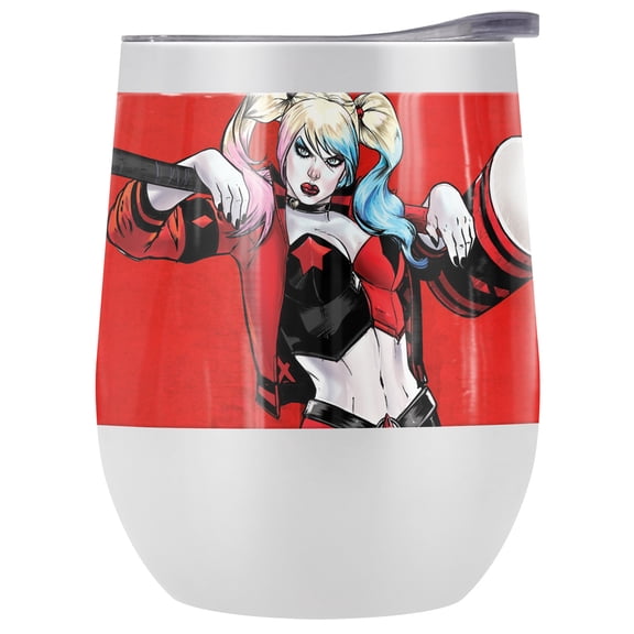 Batman - Harley Quinn Official Harley Character 12 OZ Stemless Wine Tumbler, Stainless Steel Travel Cup|Lake Tumbler|Insulated with Leak Resistant Slide-Lock Lid, White