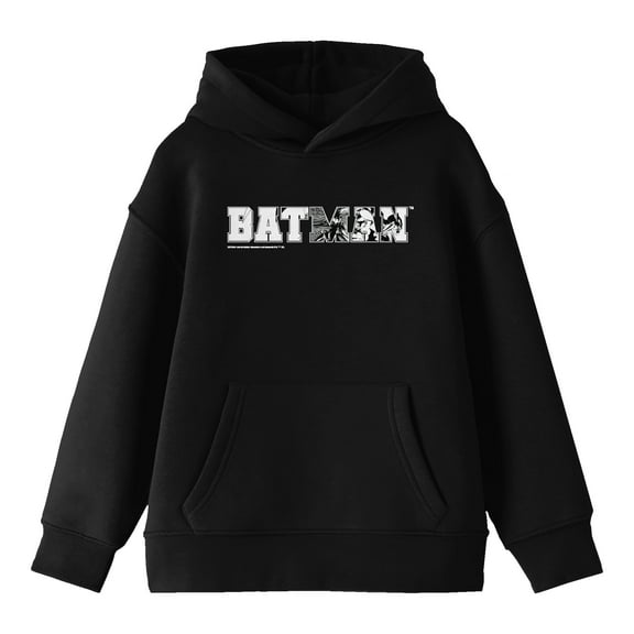 Batman Hero In Collegiate Text Long Sleeve Youth Black Hooded Sweatshirt-Large