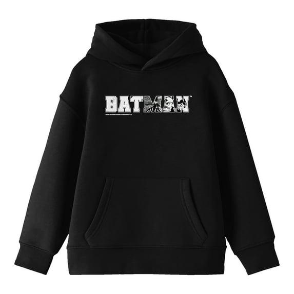 Batman Hero In Collegiate Text Long Sleeve Youth Black Hooded Sweatshirt-Small