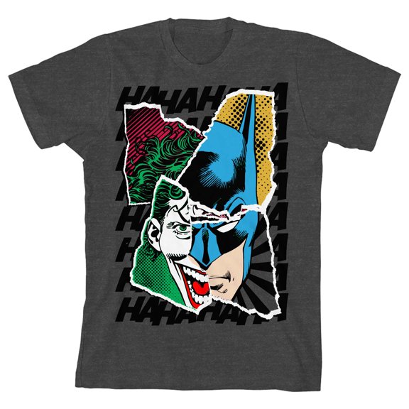 Batman Joker And Batman Face Collage Art Boy's Charcoal Heather T-shirt-Large