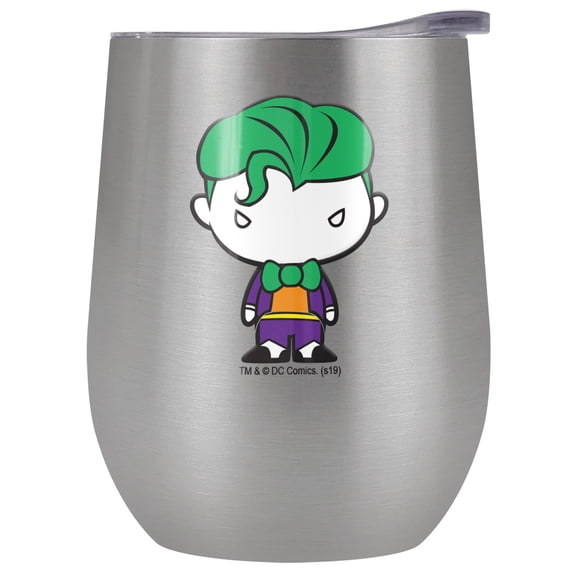 Batman - Joker Official Joker Cute Chibi Character 12 OZ Stemless Wine Tumbler, Stainless Steel Travel Cup|Lake Tumbler|Insulated with Leak Resistant Slide-Lock Lid, Stainless Steel