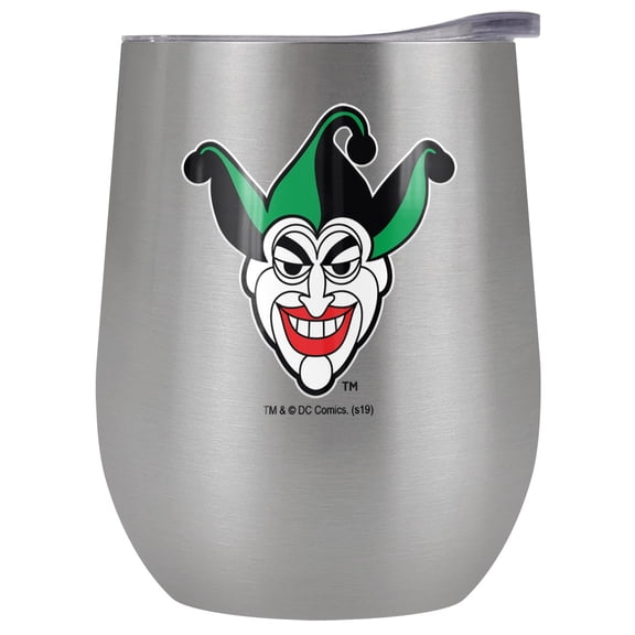 Batman - Joker Official Joker Symbol 12 OZ Stemless Wine Tumbler, Stainless Steel Travel Cup|Lake Tumbler|Insulated with Leak Resistant Slide-Lock Lid, Stainless Steel