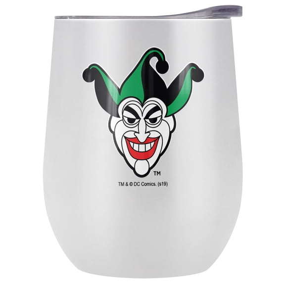Batman - Joker Official Joker Symbol 12 OZ Stemless Wine Tumbler, Stainless Steel Travel Cup|Lake Tumbler|Insulated with Leak Resistant Slide-Lock Lid, White