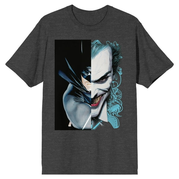 Batman Joker and Batman Split Image Men's Charcoal Heather T-shirt-Medium