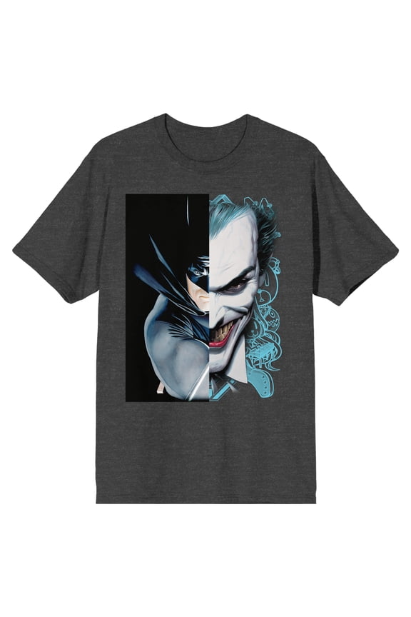 Batman Joker and Batman Split Image Men's Charcoal Heather T-shirt-Medium